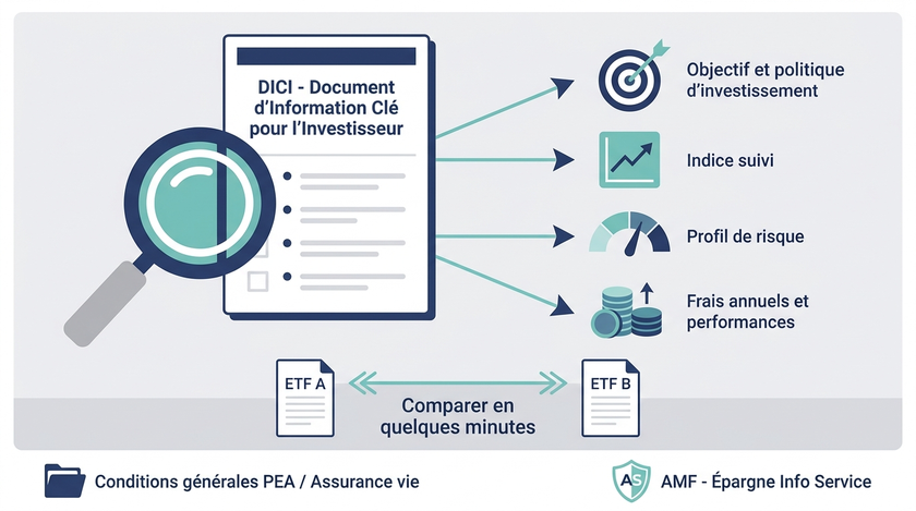 Schéma expliquant le DICI : document clé listant objectif, indice suivi, profil de risque et frais d'un ETF, avec comparaison de deux fonds et renvois vers les conditions générales du PEA/assurance vie et le site de l'AMF.