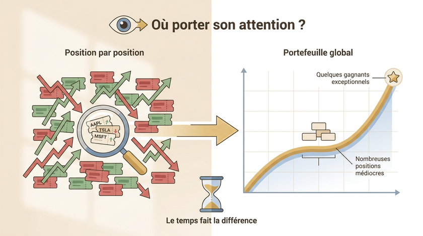 Schéma comparant l'analyse ligne par ligne d'un portefeuille à sa vision globale, plus pertinente pour juger la performance.
