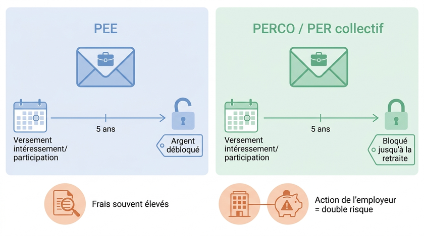 Schéma comparant le PEE, débloqué après cinq ans, et le PERCO/PER, bloqué jusqu'à la retraite, avec les risques de frais et de concentration sur l'action de l'employeur.