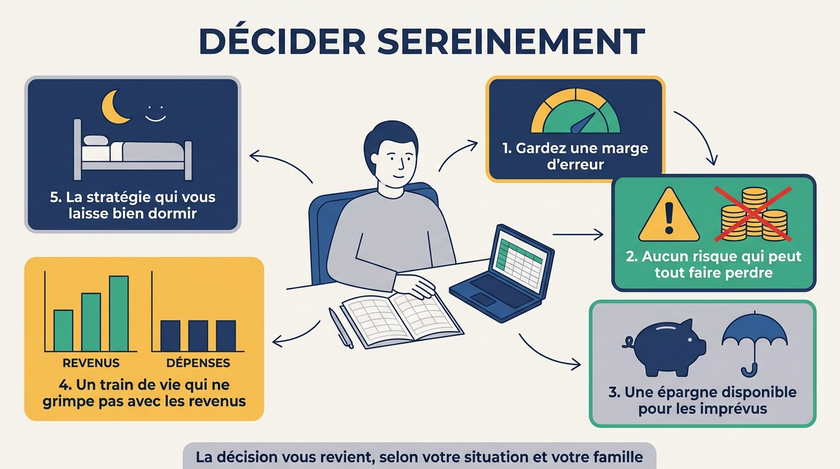 Cinq règles pour décider sereinement avec son argent : marge d'erreur, pas de risque fatal, épargne de précaution, train de vie maîtrisé, sommeil tranquille.