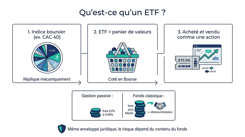 Schéma expliquant ce qu'est un ETF : un indice boursier répliqué mécaniquement dans un panier (l'ETF), coté et échangé en Bourse comme une action, avec comparaison des frais de gestion passive et active.
