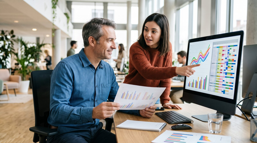 Un contrôleur de gestion récemment recruté étudie des graphiques financiers avec une collègue dans un bureau