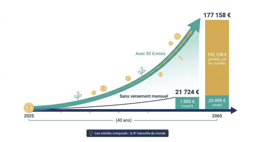 Schéma expliquant les intérêts composés sur 40 ans : 1 000 € investis sans versement atteignent 21 724 €, tandis qu'avec 50 € par mois le capital atteint 177 158 €, dont 25 000 € versés et 152 158 € générés par les intérêts.