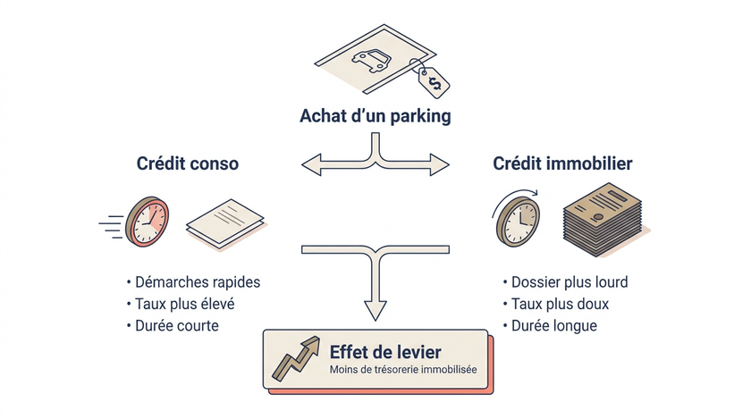 Schéma comparant le financement d'un parking par crédit conso ou crédit immobilier, avec leurs avantages, inconvénients et l'effet de levier obtenu