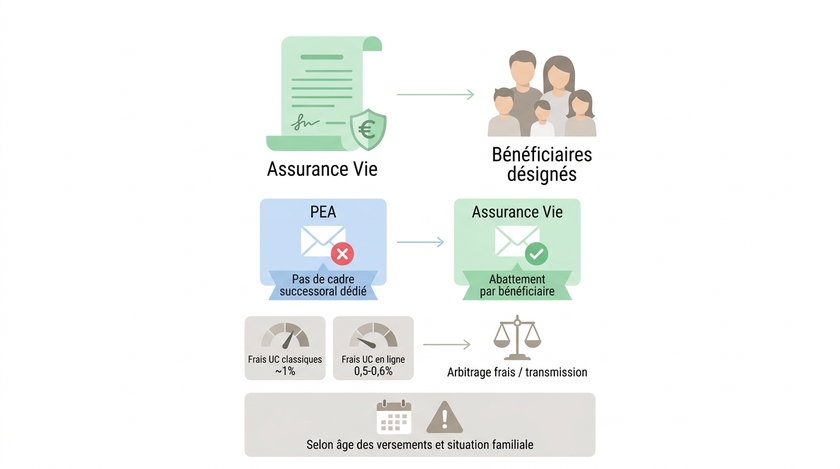 Schéma comparant l'avantage successoral de l'assurance vie face au PEA, à mettre en balance avec les frais de gestion.