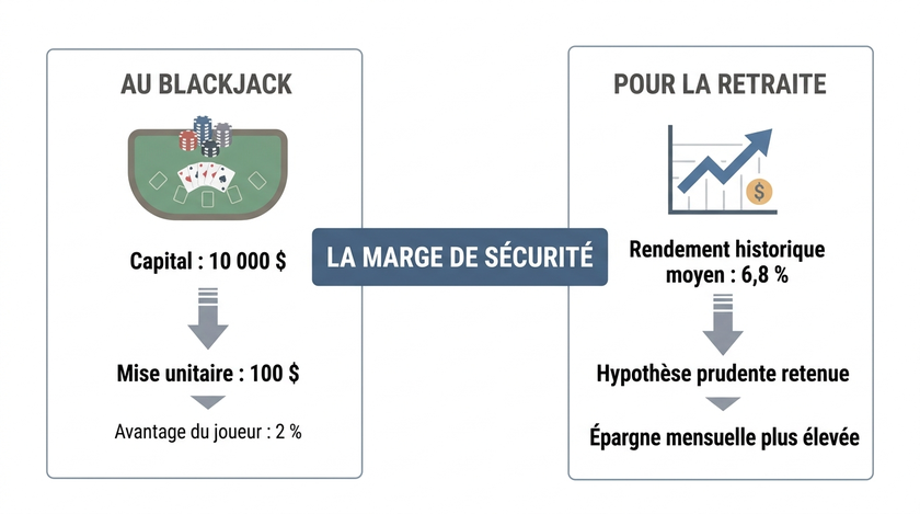 Schéma comparant la règle des cent unités au blackjack et l'hypothèse prudente d'épargne retraite, deux applications de la marge de sécurité.