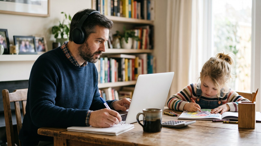 Un père suit un cours en ligne à son bureau pendant que sa fille dessine à côté de lui